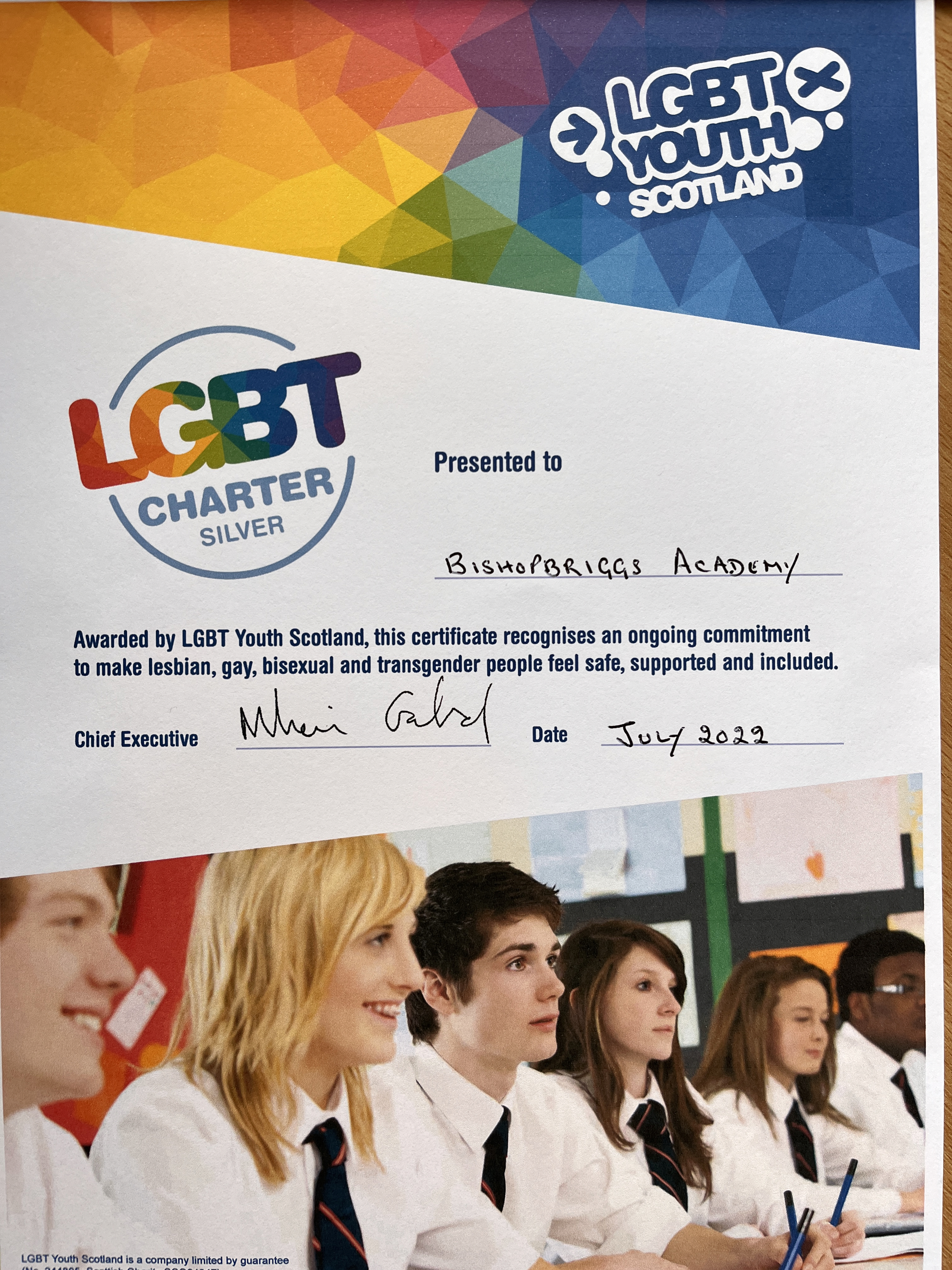LGBT Youth Scotland Charter Silver Award Certificate